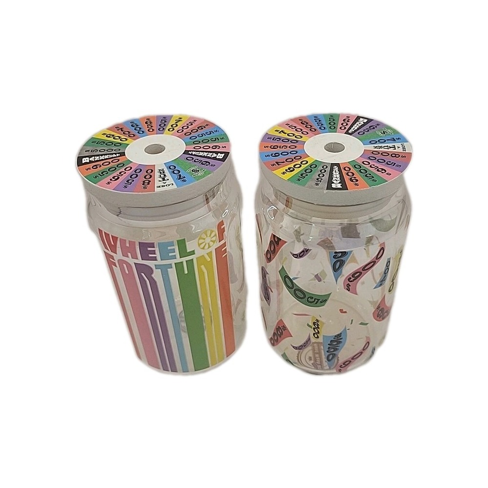 2 WHEEL OF‎ FORTUNE 16 Oz. COLLECTIBLE Drinking Glass Set With Lid NEW!